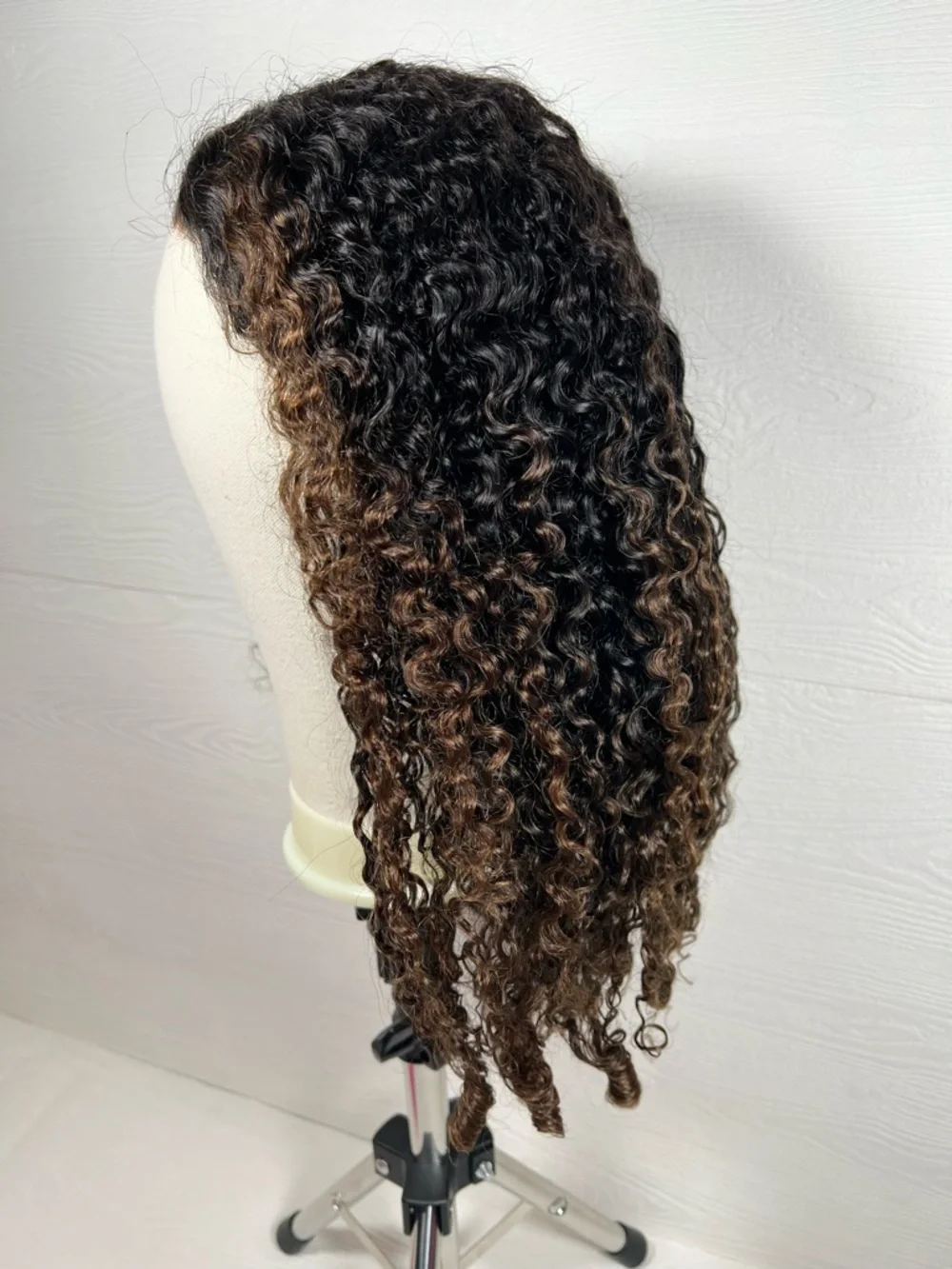 Unice Black & Chestnut Ombre Burmese Curly Finger Coil Human Hair 20 Inch Wig